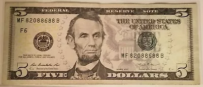 2013 (F) $5 Five Dollar Bill Federal Reserve Note Atlanta Fancy Serial 5 8s  • $10.95