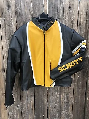 $799.99 • Buy Schott Perfecto RAC1J Cafe Racer Motorcycle Leather Jacket Black Yellow Sz 44
