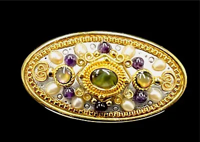 Michal Golan 24k Gold Plated Pearl Amethyst Cabochon Statement Brooch Pendant • $114.95