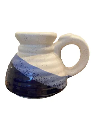 No Spill Mug Art Pottery Wide Base Thumb Rest Handle Blue White Glazed 16oz • $14.99