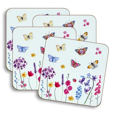 £3.95 • Buy 4pcs Butterfly Garden Pink Floral Cork Back Coasters Watercolour Flowers Design