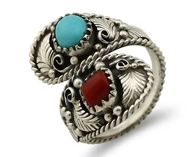 Navajo Adjustable Ring 925 Silver Turquiose & Coral Signed Broken Arrow C.80's • $118