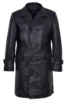 New GERMAN PEA COAT Men's Black Military Style Real Hide Leather Trench Coat • $180.49