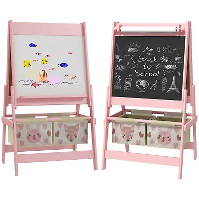 AIYAPLAY Kids Easel With Paper Roll Blackboard Whiteboard Storage Pink • £42.99