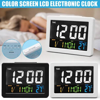 Color Large Screen LCD Electronic Desk Alarm Clock With Temperature Date Display • £11.59