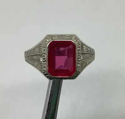 Antique OB Ostby Barton 10K White GOLD Red RUBY Art Deco RING Sz 9 Maltese Mark • $275