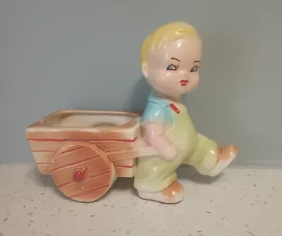 $4 • Buy Vintage Art Pottery Ceramic Planter Pot Cute Boy & Cart Wheelbarrow  