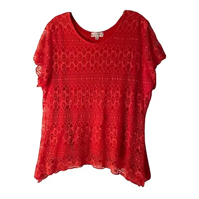 Shannon Ford 3X Top Red Soft Lace  Round Neck Stretch Lining Short Sleeve Blouse • $16.50