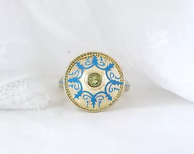 Unique 18K Gold On Sterling Silver 925 Natural Peridot Enamel Ring Size 10.5 • $49.99