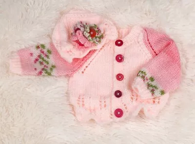 Hand Knitted Baby Cardigan And Hat Set Suit Newborn • £7.95