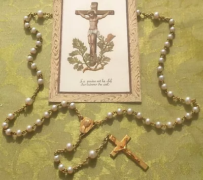 FRENCH 1920s GOLD PLATED ROSARY~ MOTHER OF PEARL BEADS ~ LOVELY LOURDES SOUVENIR • $45