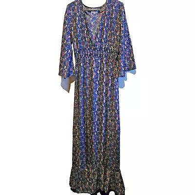 Boho Leni Tiered Maxi Dress Size M/L 14/16 Summer Blue Pattered • $25