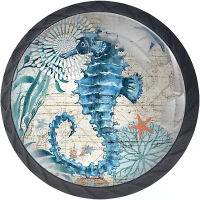 Vintage Blue Seahorse Nautical Map Cabinet Knobs 4 Pieces Drawer 30 Mm • $25.10