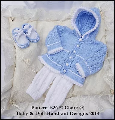 Babydoll Handknit Designs Knitting Pattern E26 Hoody Set 16-22  Doll/0-3m Baby • £3.99