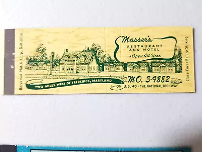 Full Length Matchbook Cover. Masser's Restaurant And Motel Frederick Maryland. • $2.45