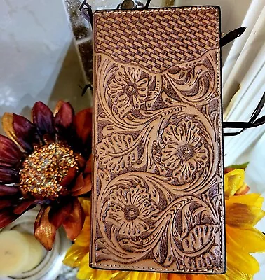  Western Wallet Genuine Leather Hand Tooled Cowboy Rodeo Long Bifold Checkbook  • $35