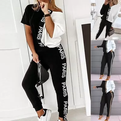 Womens Ladies Casual Black/White T-shirt Pants Tracksuit Set Jogging Sports Suit • £19.19