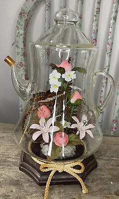 Vintage Glass Teapot Butterfly Taxidermy Dried Flowers Display  Curio Curiosity • $37.32