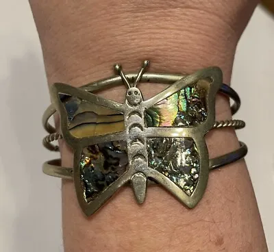 Vintage Silver Tone Abalone Shell Butterfly Cuff Bracelet - Stamped Mexico • $24.99