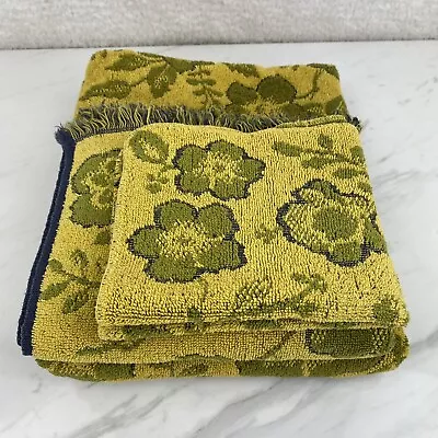 Vtg Martex Bath Hand & Washcloth Towel Set Yellow Avocado Green Floral Fringe • $32.95