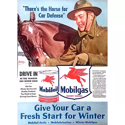 Soldier & Horse 1942 Print Ad Mobilgas Give Your Car A Fresh Start 11”x14” • $9.70