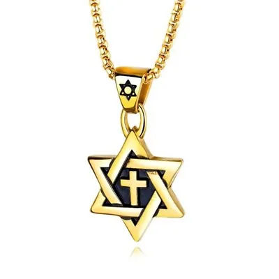 Men's Gold Jewish Star Of David Cross Pendant Necklace Stainless Steel Chain 24  • $11.19