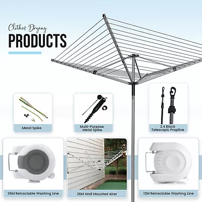 4 Arms Rotary Airer Garden Washing Clothes Line Drying Heavy Duty Prop Outdoor • £9.96