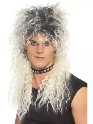 80s Blonde Black Hard Rocker Wig Mens Rock Star Rocker Fancy Dress • £11.99