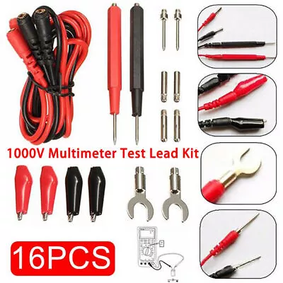 16Pcs/Set Digital Multimeter Probe Test Lead Kit Cable Alligator Clip Needle Tip • £4.99