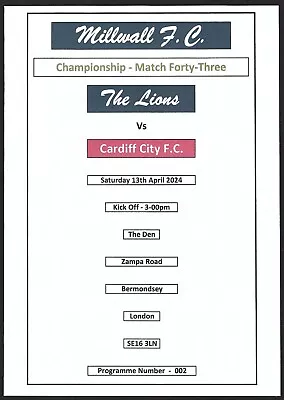 MILLWALL V CARDIFF CITY 13.04.24 CHAMPIONSHIP PROGRAMME • £2.49