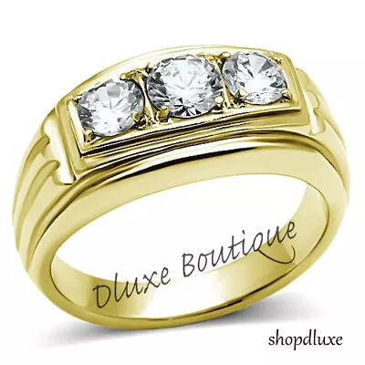 Men's Round Cut Cubic Zirconia 14k Gold Plated Stainless Steel Ring Size 8-14 • $17.99