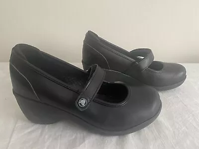 Crocs Leather Mary Jane Shoes Women's 7 Black Ginger Wedge Heel EUC • $17.91