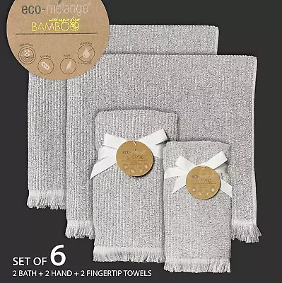 SET OF 6 New Eco-melange Bamboo Rayon 2 Bath 2 Hand 2 Tip Towels Gray Rib Fringe • $75.99