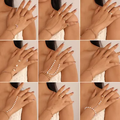 HOT Fashion Pearl Charm Bracelet Bangle Finger Ring Harness Hand Chain Jewellery • £3.59