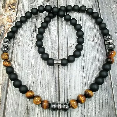 24 L STAINLESS STEEL 10mm Tigers Eye+Black Onyx Gemstone Beaded Men's Necklace • $27.99