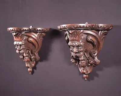 Pair Of Large French Antique Lion Wall Sconces/Shelves In Solid Oak And Chestnut • $1495