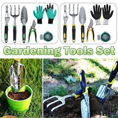 6pc Gardening Tools Set Rake Fork Hoe Cultivator Trowel Kit Garden Gloves Yellow • £9.79