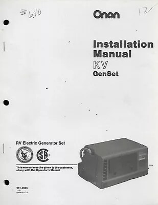 Onan Installation Manual For Kv Genset Rv Electric Generator Set • $24.99