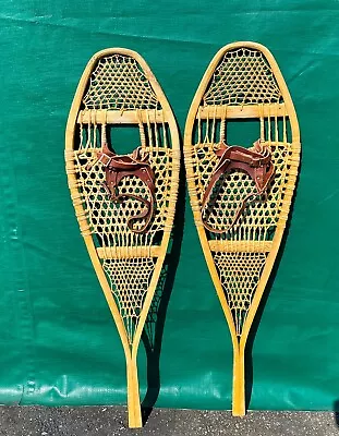 EXCELLENT Old SNOWSHOES 42x12 + PATINA Snow Shoes W/ LEATHER BINDINGS! • $82.49