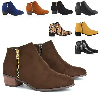 Womens Chelsea Boots Low Mid Block Heel Ladies Zip Up Casual Pixie Booties 3-8 • £32.99