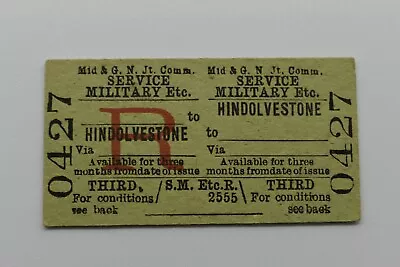 M&GN Jt Railway Ticket No 0427 HINDOLVESTONE To ....... SERVICE MILITARY • $3.79