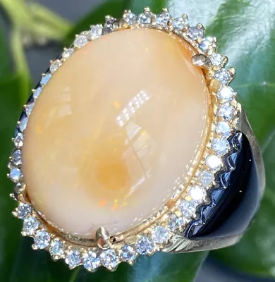 14K Yellow Gold Orange Opal Diamond Vintage Ring Fine Jewelry Carved Onyx 10.25 • $4200