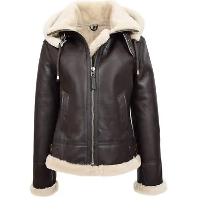 Real Leather Jacket For Womens Brown Fur Hooded B3 Pilot Flying Aviator Jackets • $220.55