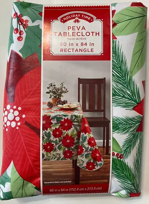 Christmas Poinsetta Pine Limbs Vinyl Rectangle Tablecloth 60 X 84” Holiday Time • $12.88