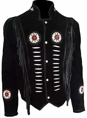 Men Native American Cowboy Leather Jacket Fringe & Beads Western Suede Jacket • $88.99