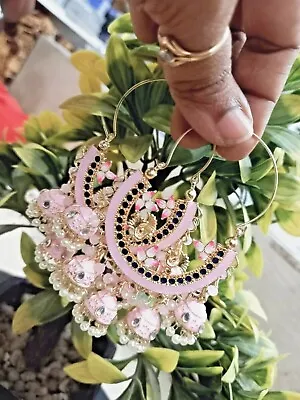 Indian Bollywood Style Kundan Light Pink Enameled Bali Hoop Earrings Jhumka Set • $29.99