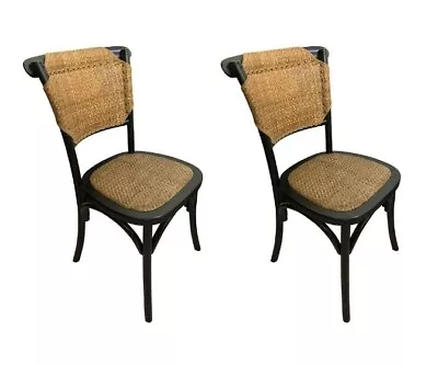 2 Set Bali Chair Dining Black Brown Rattan Handmade Elm Wood Tufted Nautical New • $738.80