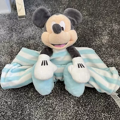 Disney Store Mickey Mouse Comforter Soother Plush Soft Toy Striped Blankie Blue • £7.99