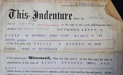 1905 Antique DEED INDENTURE FISKE TUCKERTON Ocean County Nj MORGAN W Chester Pa • $48.95