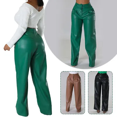 Women Wet Look PU Leather Long Pants Loose Wide Leg Pocket Casual Trousers • $40.74